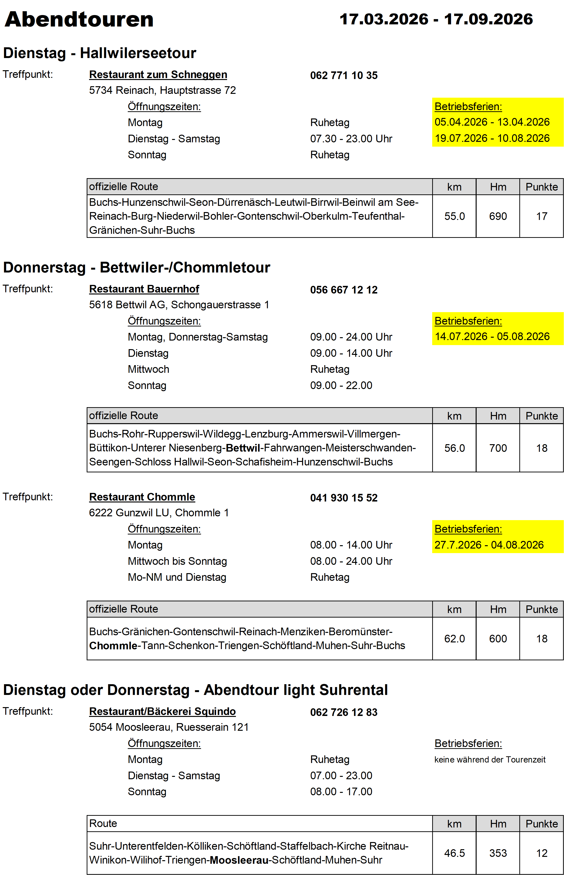 Abendtouren Strecken 2026